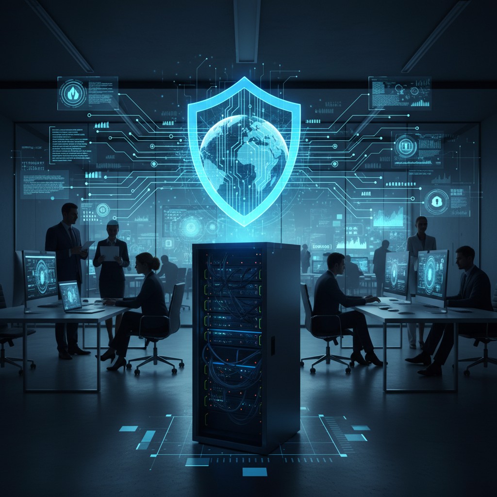 La protezione globale dell'informazione dei sistemi davanti uno schermo blu e una sigilla blu in primo piano. Ripartono di...