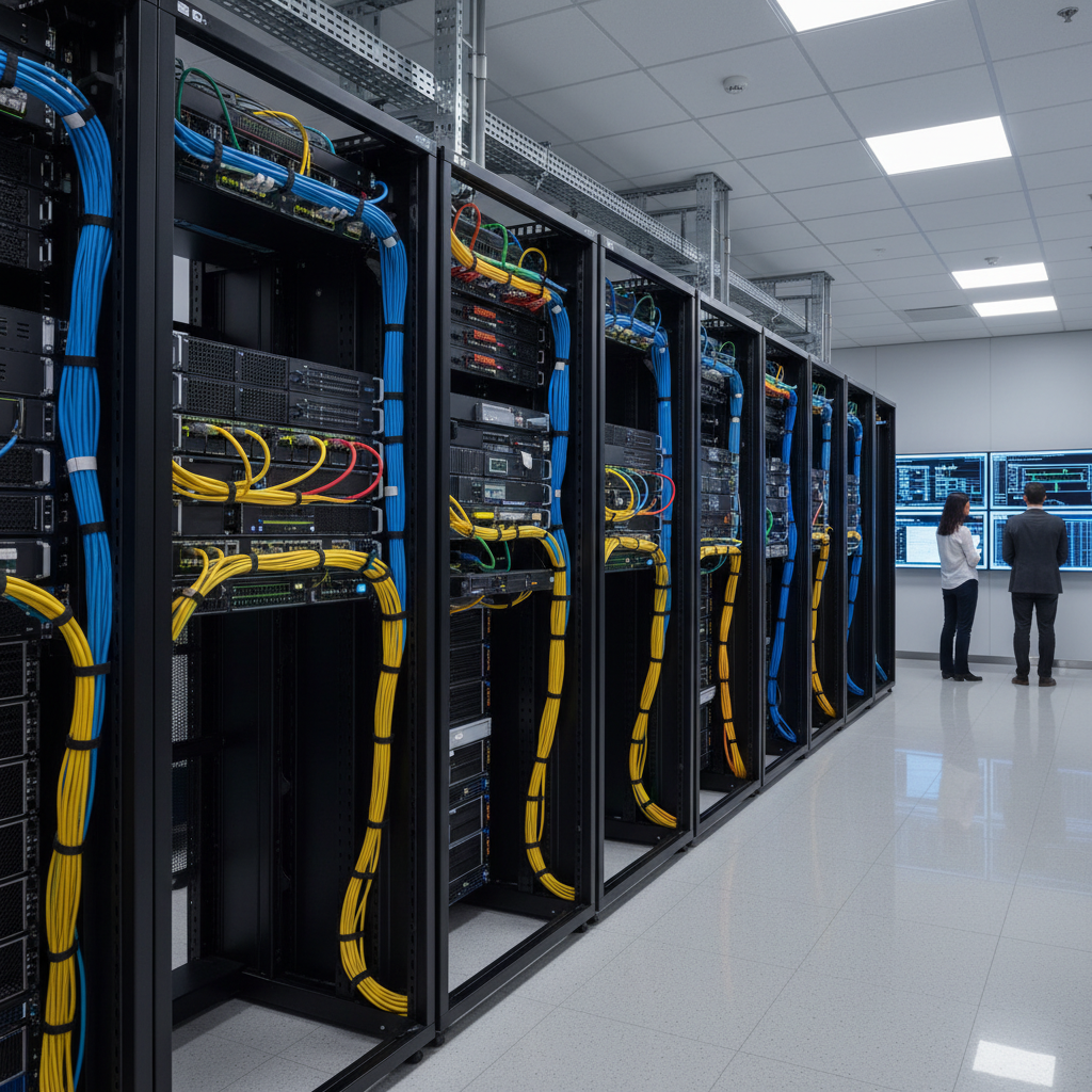 foto professionale di cablaggio strutturato, rack di server, cavi ordinati, contesto aziendale, moderna infrastruttura IT
