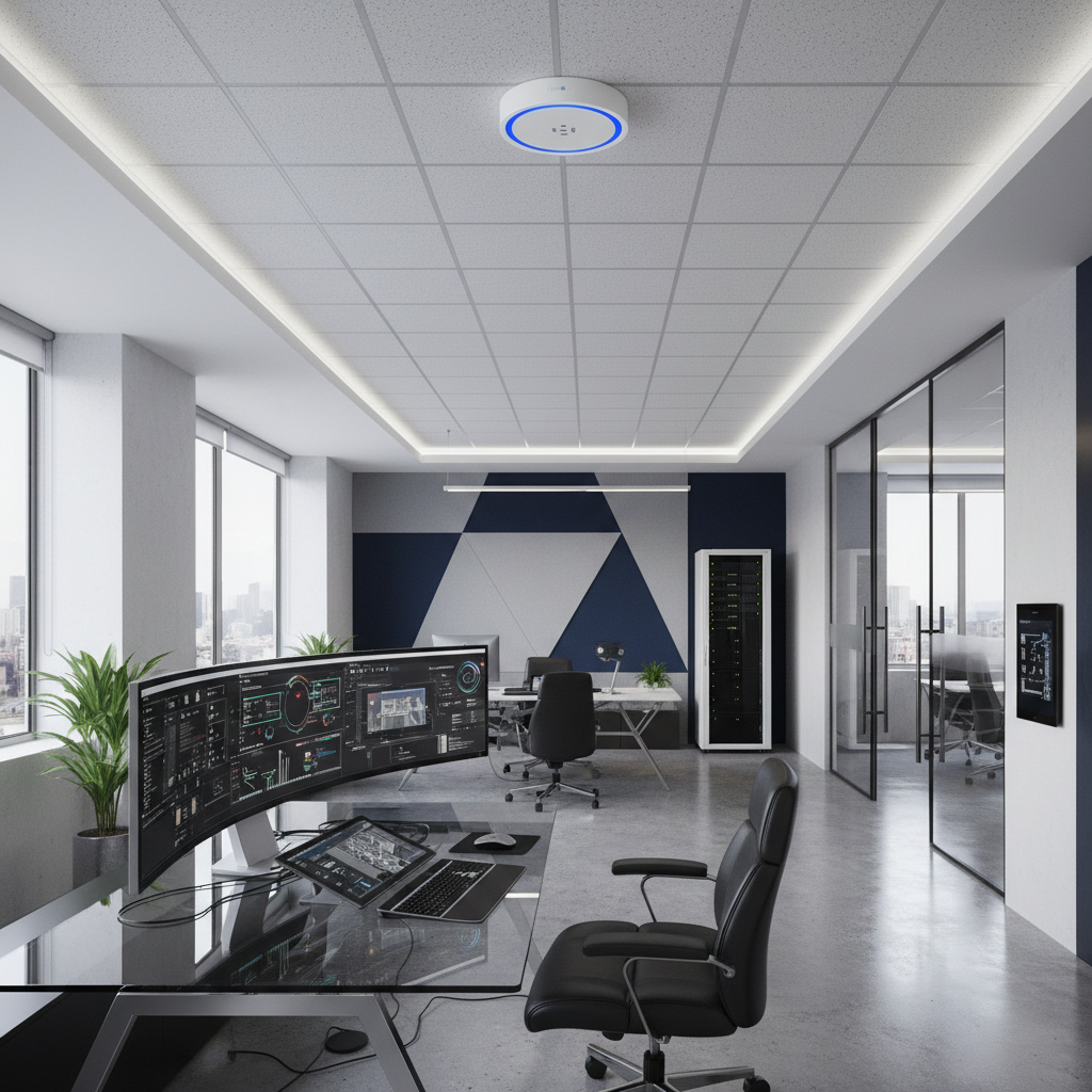 ufficio interno moderno, tecnologia di alto livello, con postazione di lavoro super attrezzata e un access point Ubiquiti ben visibile in primo piano a soffitto. Lo stile deve essere realistico, business, e mettere in evidenza con chiarezza l'access point Ubiquiti.